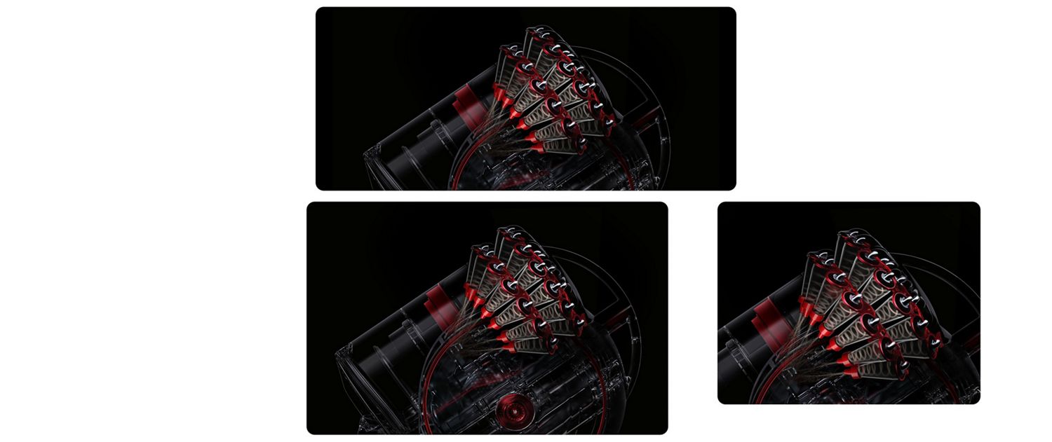 Transparent side view of Dyson Big Ball Konical cyclones working